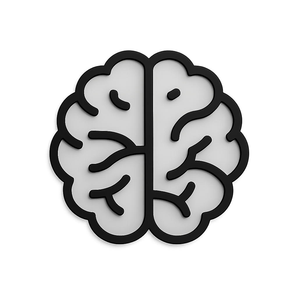a black icon of an outline of a brain. this icon embodies the word "coordination". it embodies the brain's ability to organize the body in complex ways to efficiently perform athletic movements, 3D, Black, Clean, Comic book, Geometric, HD, Minimalist